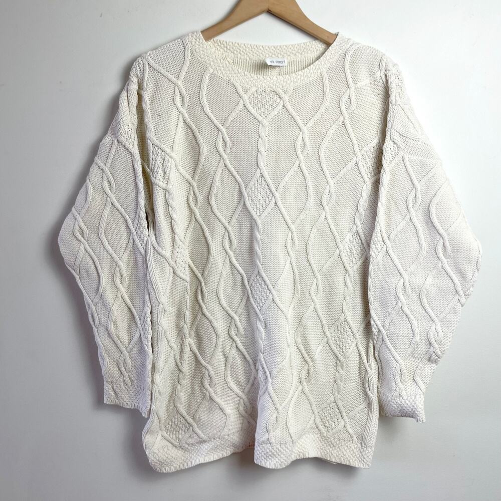 Vintage 90s Chunky Cable Knit Sweater XL Cotton Textured Fisherman Guernsey CBK